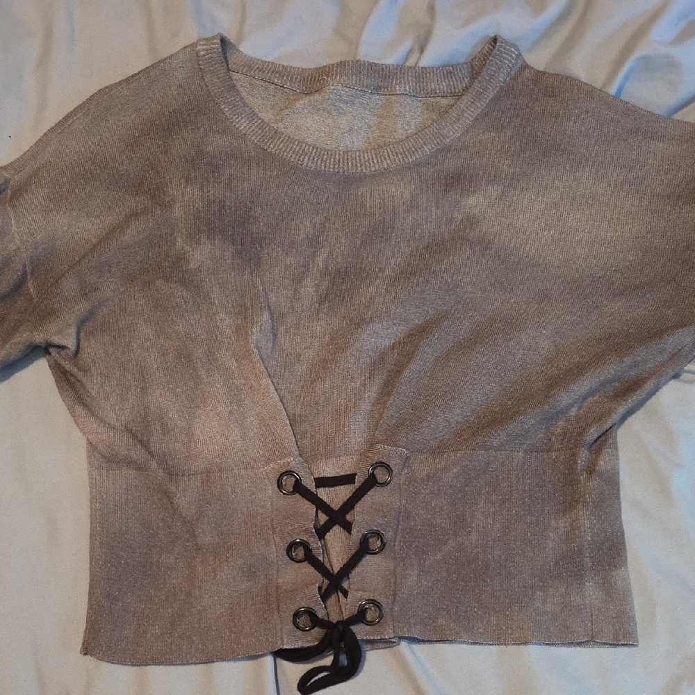 acid wash-design grey lace up front sweater